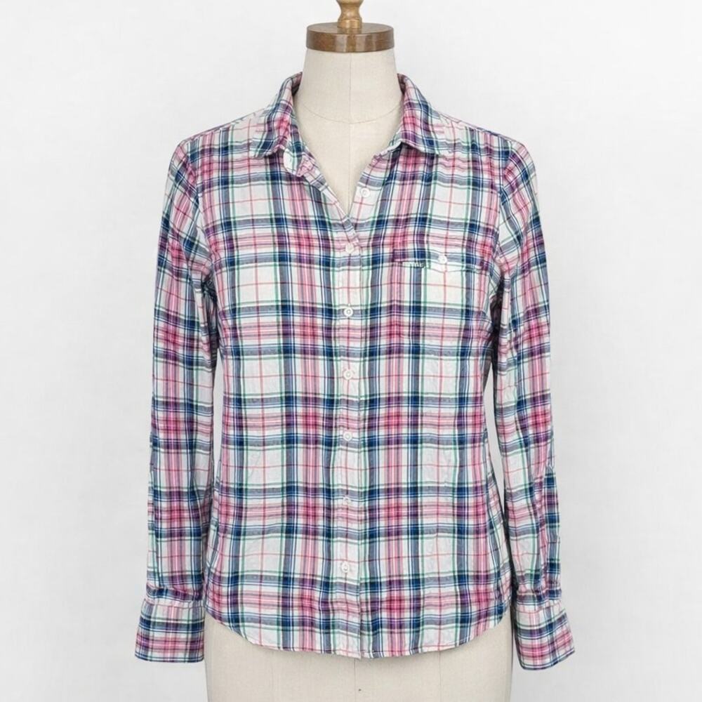 J. Crew Plaid Boy Shirt Long Sleeve Cotton Women's 4 Pink Green Pastel Preppy‎